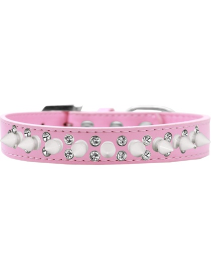 Double Crystal and White Spikes Dog Collar Light Pink Size 12