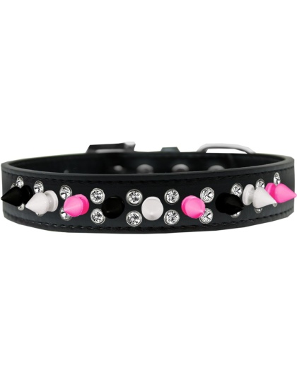 Double Crystal with Black, White and Bright Pink Spikes Dog Collar Black Size 12