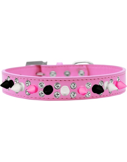 Double Crystal with Black, White and Bright Pink Spikes Dog Collar Bright Pink Size 12