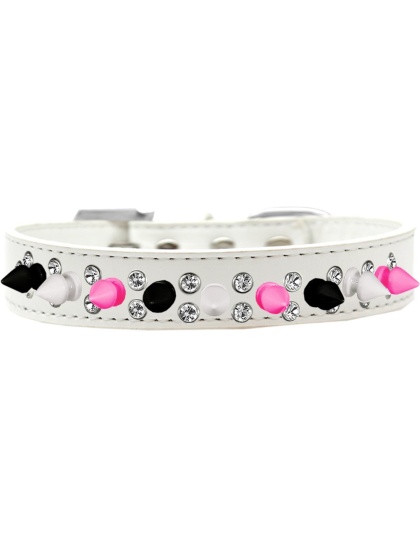 Double Crystal with Black, White and Bright Pink Spikes Dog Collar White Size 12