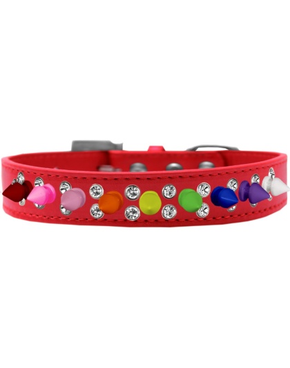 Double Crystal with Rainbow Spikes Dog Collar Red Size 12