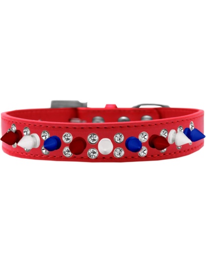 Double Crystal with Red, White and Blue Spikes Dog Collar Red Size 12