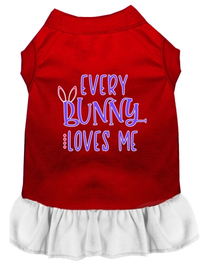 Every Bunny Loves me Screen Print Dog Dress Red with White Lg