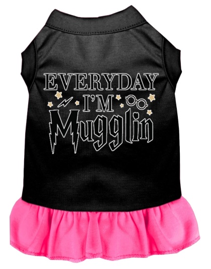 Everyday I'm Mugglin Screen Print Dog Dress Black with Bright Pink Lg