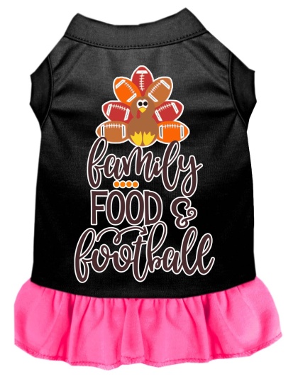 Family, Food, and Football Screen Print Dog Dress Black with Bright Pink Lg