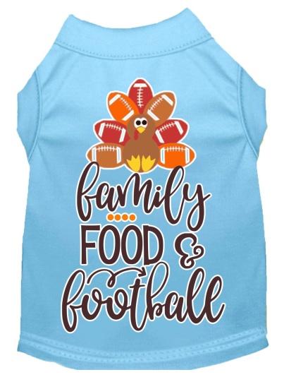 Family, Food, and Football Screen Print Dog Shirt Baby Blue Lg