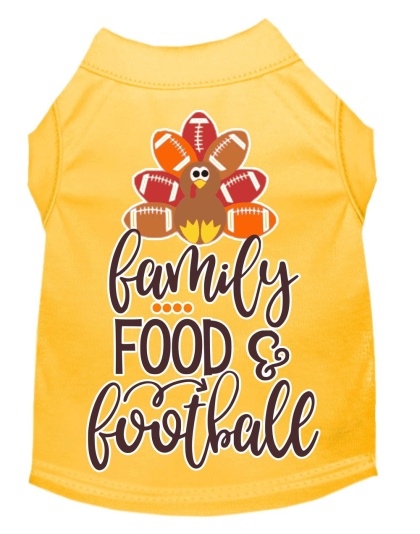 Family, Food, and Football Screen Print Dog Shirt Yellow Lg