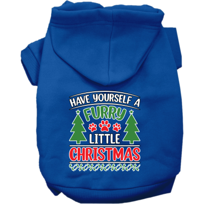 Furry Little Christmas Screen Print Dog Hoodie Blue Size XS