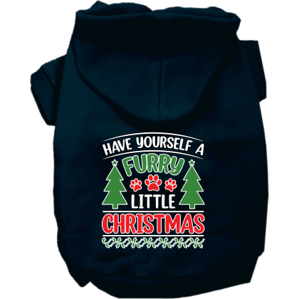 Furry Little Christmas Screen Print Dog Hoodie Navy Blue Size XS