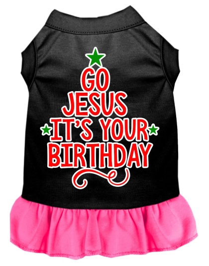 Go Jesus Screen Print Dog Dress Black with Bright Pink Lg