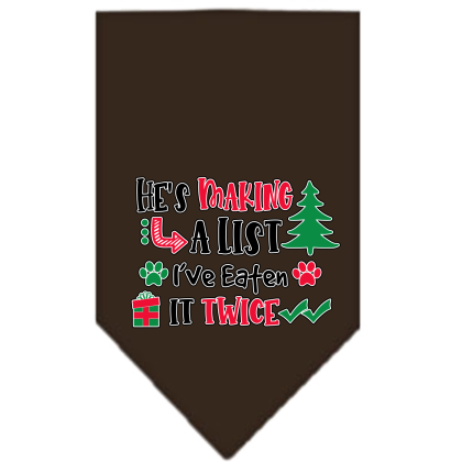 He's Making a List... Screen Print Bandana Cocoa Size Small