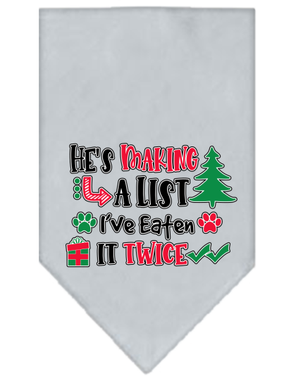 He's Making a List... Screen Print Bandana Grey Size Small