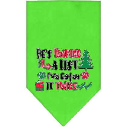 He's Making a List... Screen Print Bandana Lime Green Size Small
