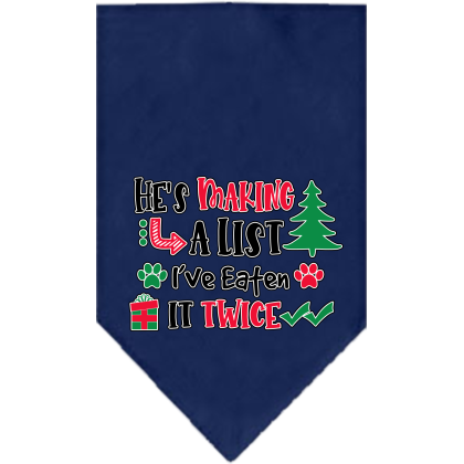 He's Making a List... Screen Print Bandana Navy Blue Size Small