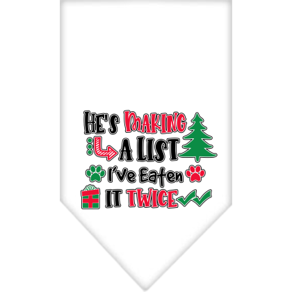 He's Making a List... Screen Print Bandana White Size Small
