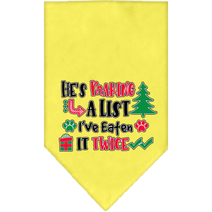 He's Making a List... Screen Print Bandana Yellow Size Small