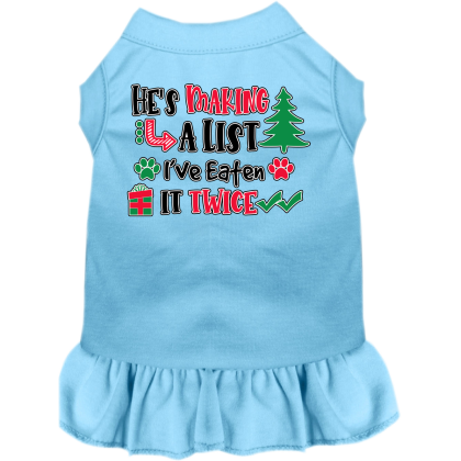 He's Making a List... Screen Print Dog Dress Baby Blue Size XS