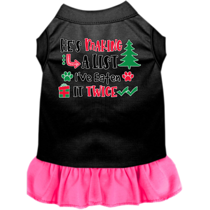 He's Making a List... Screen Print Dog Dress Black with Bright Pink Size XS