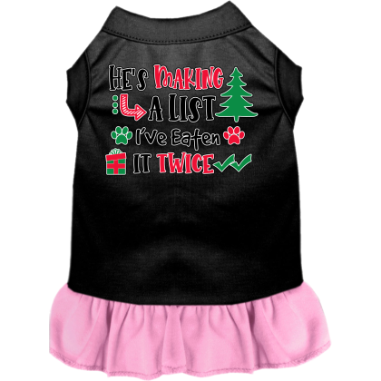 He's Making a List... Screen Print Dog Dress Black with Light Pink Size XS