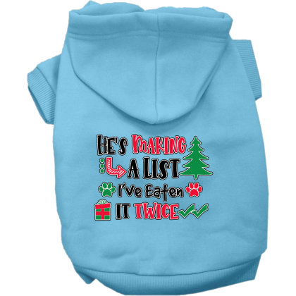 He's Making a List... Screen Print Dog Hoodie Baby Blue Size XS