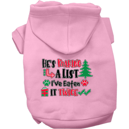 He's Making a List... Screen Print Dog Hoodie Light Pink Size XS