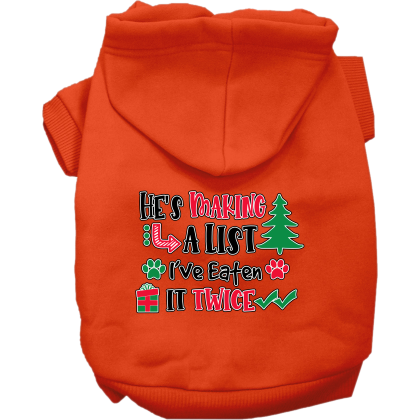 He's Making a List... Screen Print Dog Hoodie Orange Size XS