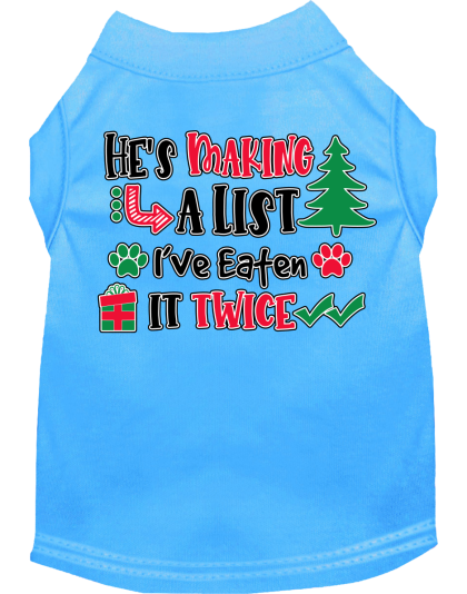 He's Making a List... Screen Print Dog Shirt Bermuda Blue Size XS