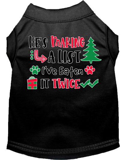 He's Making a List... Screen Print Dog Shirt Black Size XS