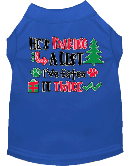 He's Making a List... Screen Print Dog Shirt Blue Size XS