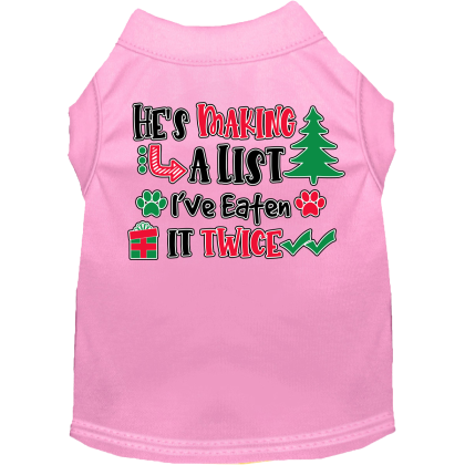 He's Making a List... Screen Print Dog Shirt Light Pink Size XS