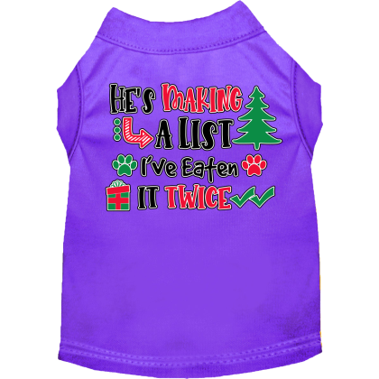 He's Making a List... Screen Print Dog Shirt Purple Size XS