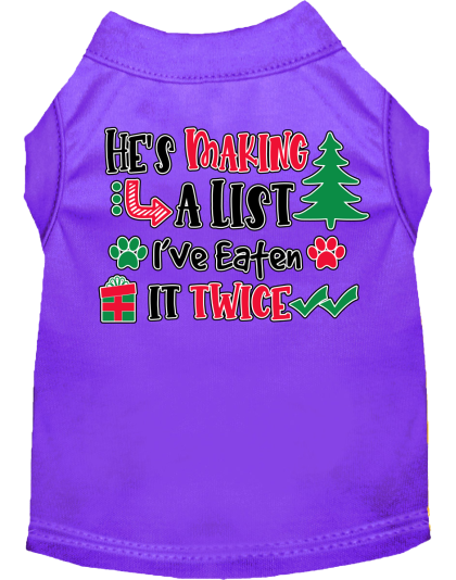He's Making a List... Screen Print Dog Shirt Purple Size XS