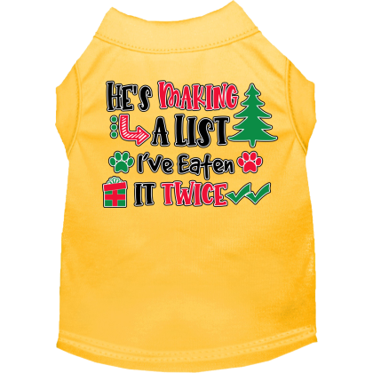 He's Making a List... Screen Print Dog Shirt Yellow Size XS