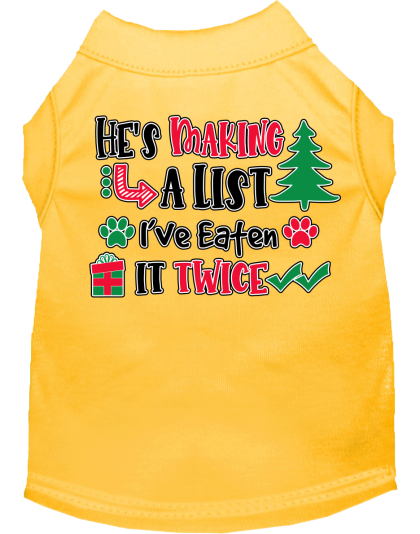He's Making a List... Screen Print Dog Shirt Yellow Size XS