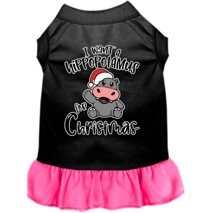 Hippo for Christmas Screen Print Dog Dress Black with Bright Pink Size XS