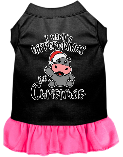 Hippo for Christmas Screen Print Dog Dress Black with Bright Pink Size XS