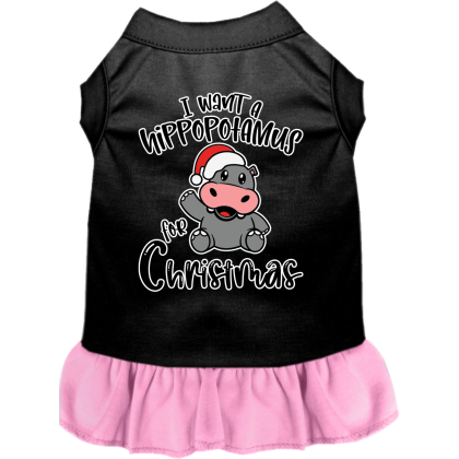 Hippo for Christmas Screen Print Dog Dress Black with Light Pink Size XS