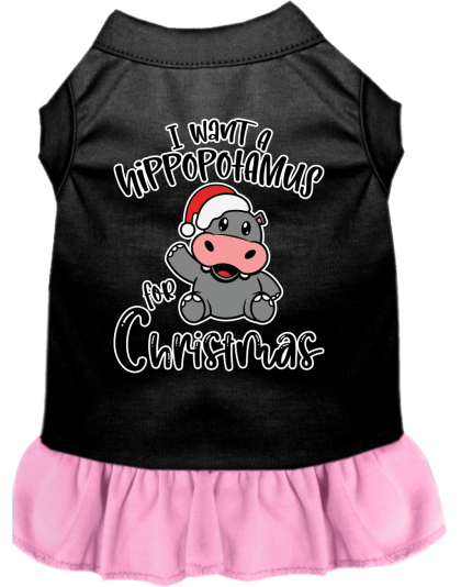 Hippo for Christmas Screen Print Dog Dress Black with Light Pink Size XS