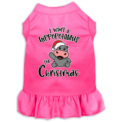 Hippo for Christmas Screen Print Dog Dress Bright Pink Size XS