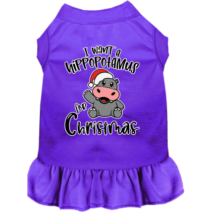 Hippo for Christmas Screen Print Dog Dress Purple Size XS