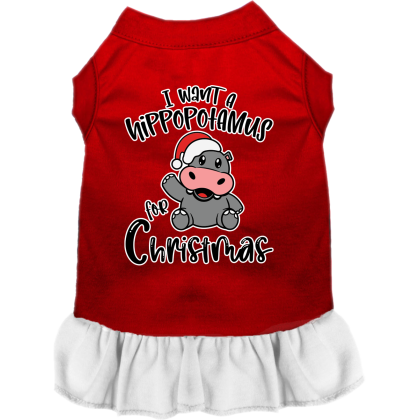 Hippo for Christmas Screen Print Dog Dress Red with White Size XS