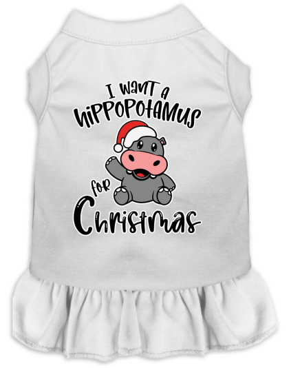 Hippo for Christmas Screen Print Dog Dress White Size XS