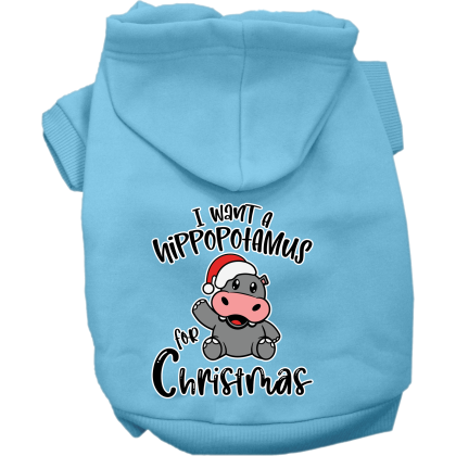 Hippo for Christmas Screen Print Dog Hoodie Baby Blue Size XS