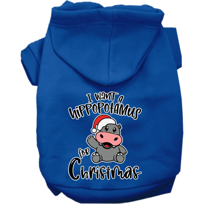 Hippo for Christmas Screen Print Dog Hoodie Blue Size XS
