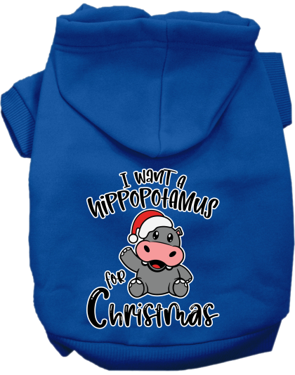Hippo for Christmas Screen Print Dog Hoodie Blue Size XS