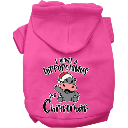 Hippo for Christmas Screen Print Dog Hoodie Bright Pink Size XS
