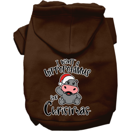 Hippo for Christmas Screen Print Dog Hoodie Brown Size XS