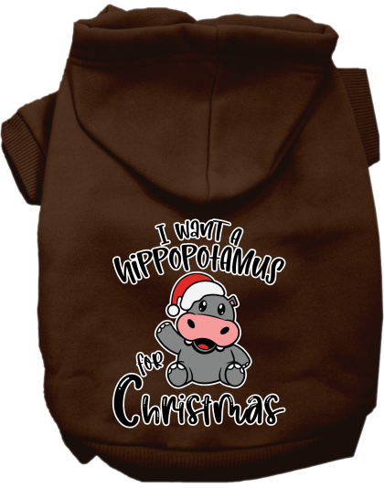 Hippo for Christmas Screen Print Dog Hoodie Brown Size XS