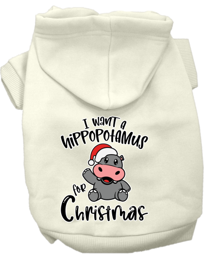Hippo for Christmas Screen Print Dog Hoodie Cream Size XS