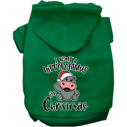 Hippo for Christmas Screen Print Dog Hoodie Emerald Green Size XS